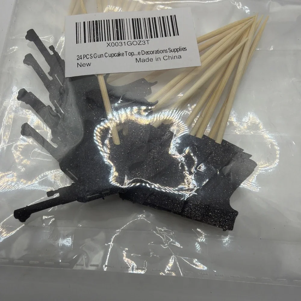Black Glitter Decorative Gun Cupcake Toppers - 24pcs